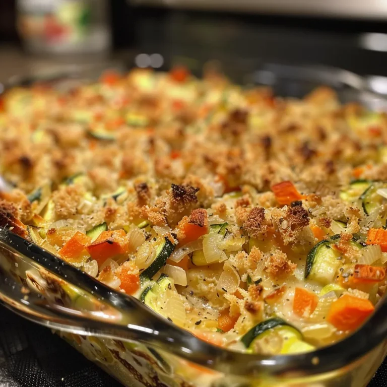 A close-up view of a baked zucchini casserole topped with stuffing mix, showcasing layers of zucchini, carrots, and cheese.