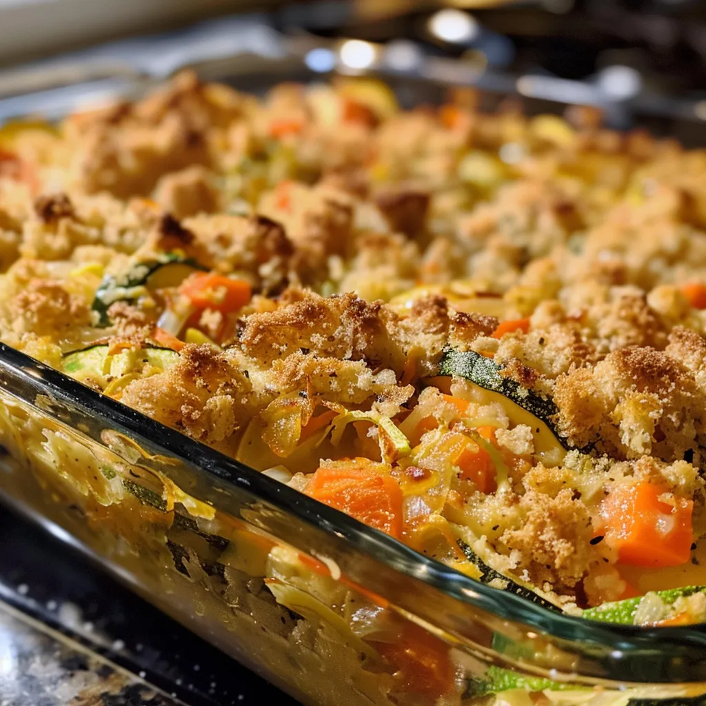 A side view of a hot zucchini casserole with crispy stuffing mix on top, revealing its colorful vegetable layers.