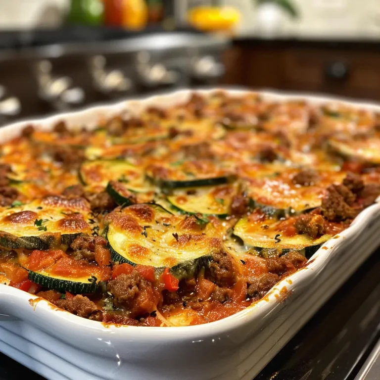Close-up of a steaming Zucchini Hamburger Casserole layered with melted cheese.