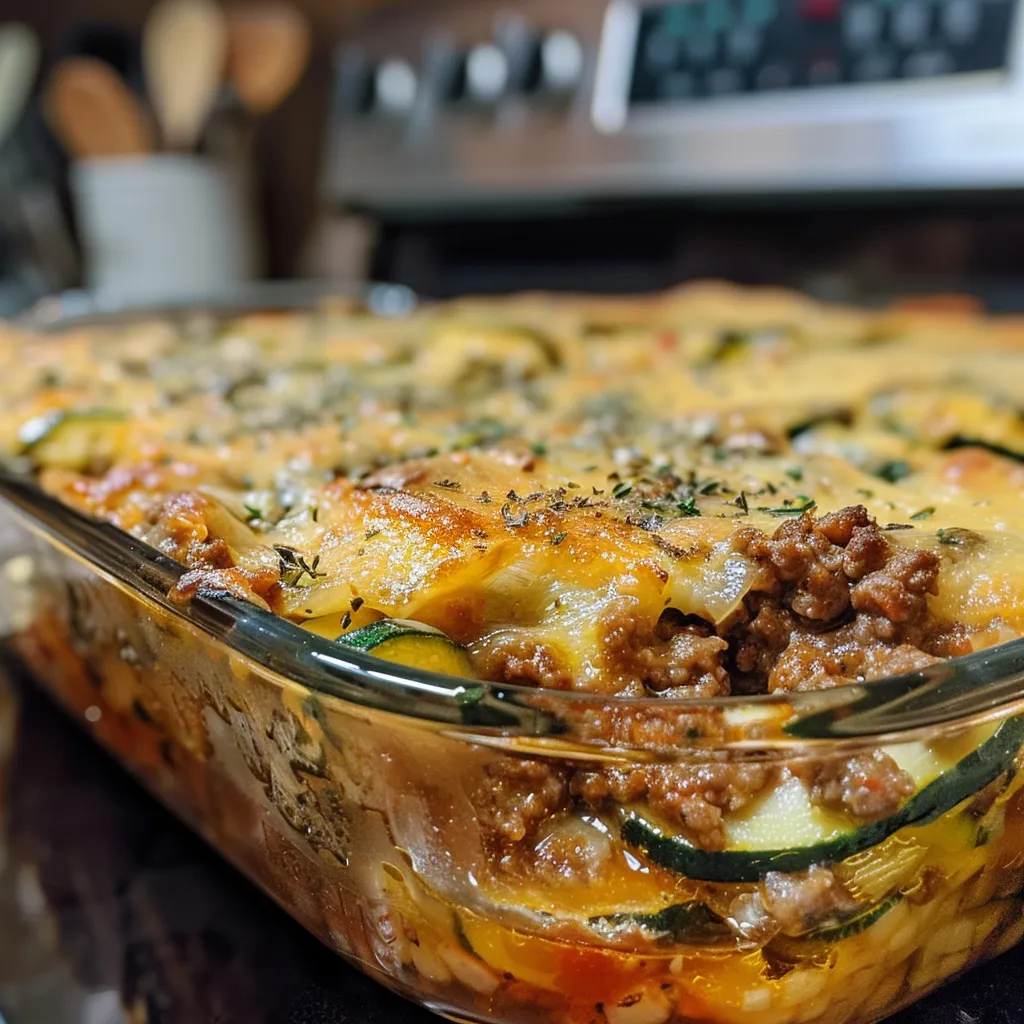 Side view of a hearty Zucchini Hamburger Casserole with visible zucchini slices and ground beef.