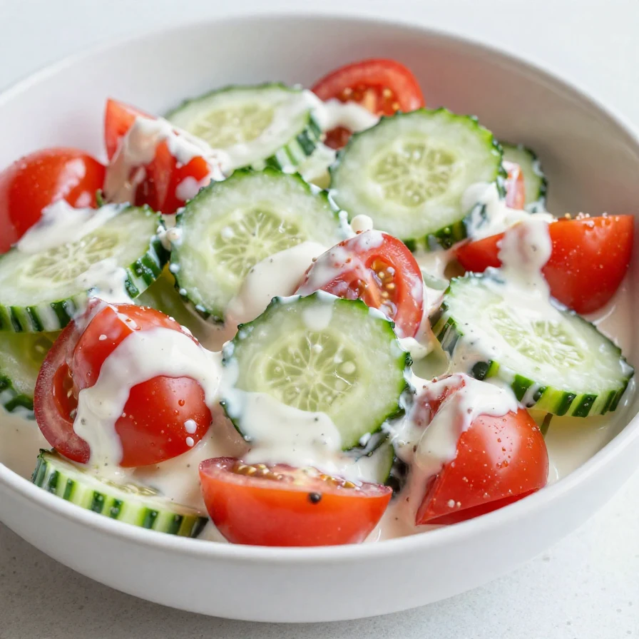 A bowl of creamy cucumber tomato salad with fresh herbs and dressing