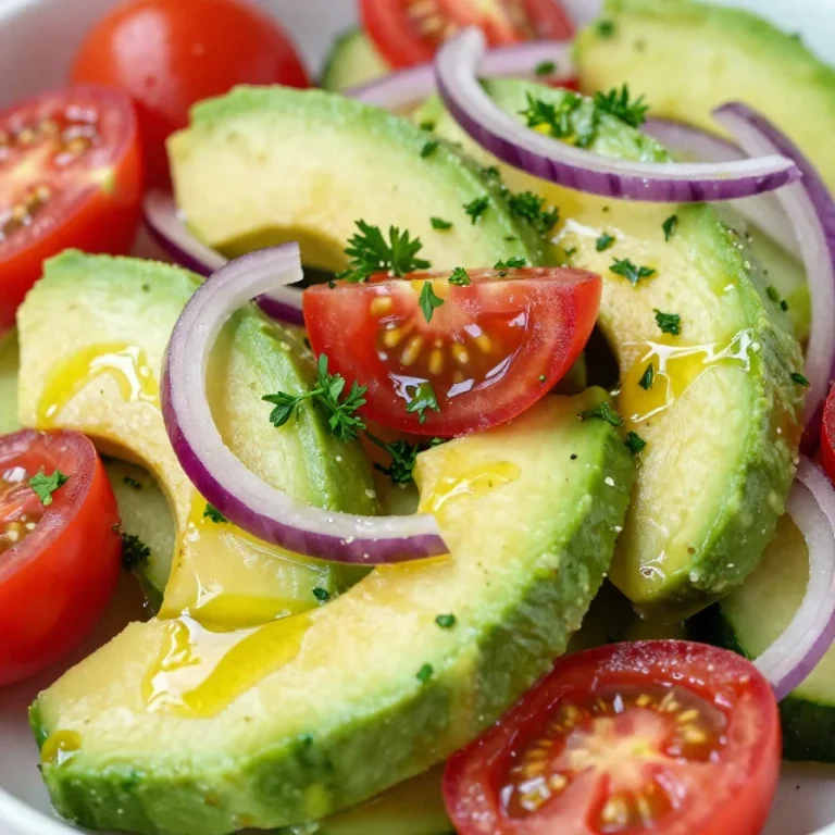 A vibrant avocado salad featuring fresh cucumbers and ripe tomatoes