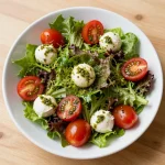 A vibrant tomato cucumber salad topped with avocado slices, mozzarella balls, and a drizzle of basil pesto.