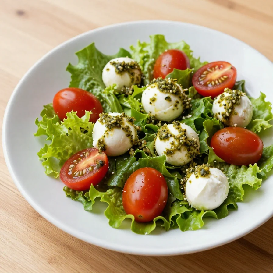 A vibrant tomato cucumber salad topped with avocado slices, mozzarella balls, and a drizzle of basil pesto.