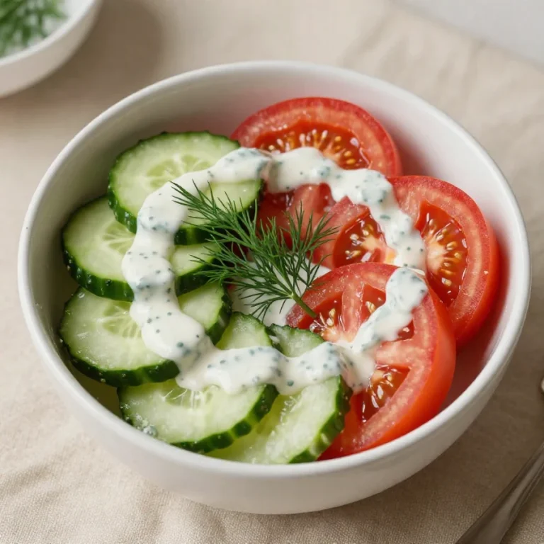 A vibrant creamy cucumber and tomato salad served in a bowl, garnished with fresh herbs.