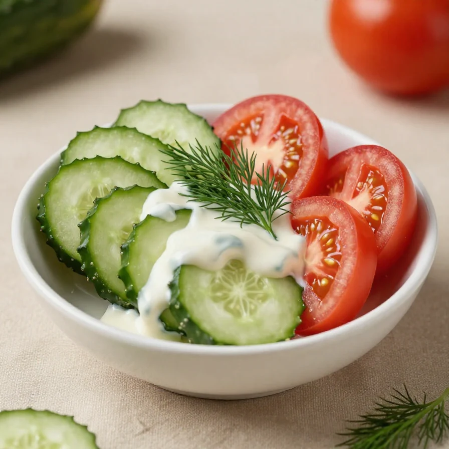 A vibrant creamy cucumber and tomato salad served in a bowl, garnished with fresh herbs.