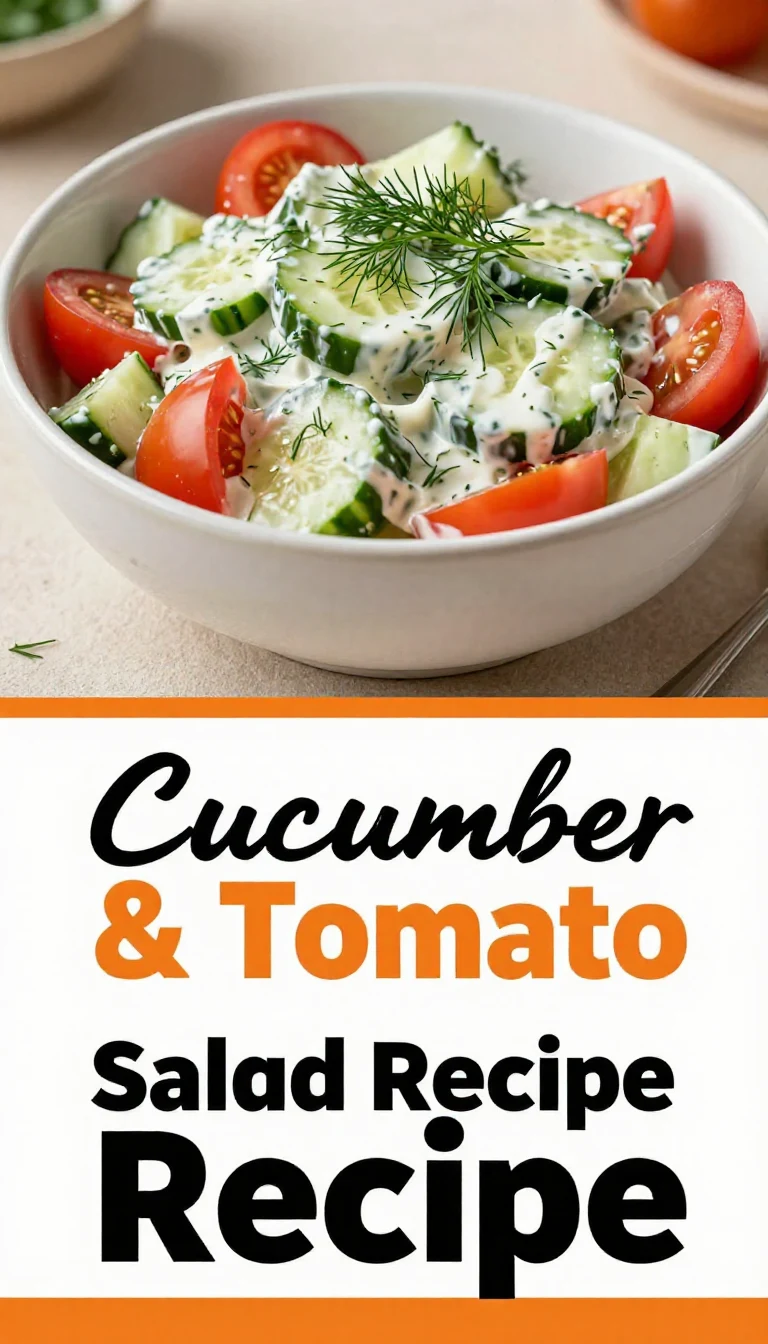 A vibrant creamy cucumber and tomato salad served in a bowl, garnished with fresh herbs.