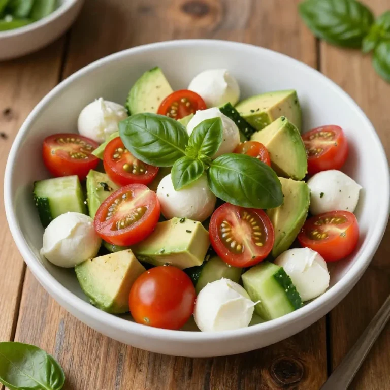 A fresh Tomato Cucumber Mozzarella Salad served in a bowl