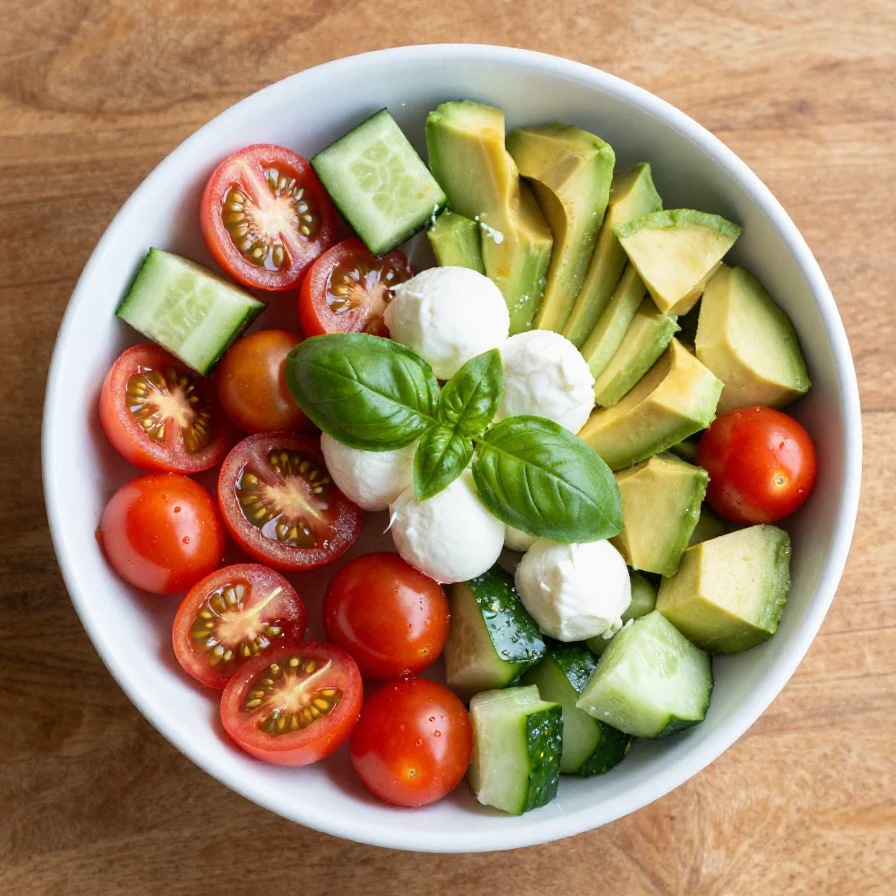 A fresh Tomato Cucumber Mozzarella Salad served in a bowl