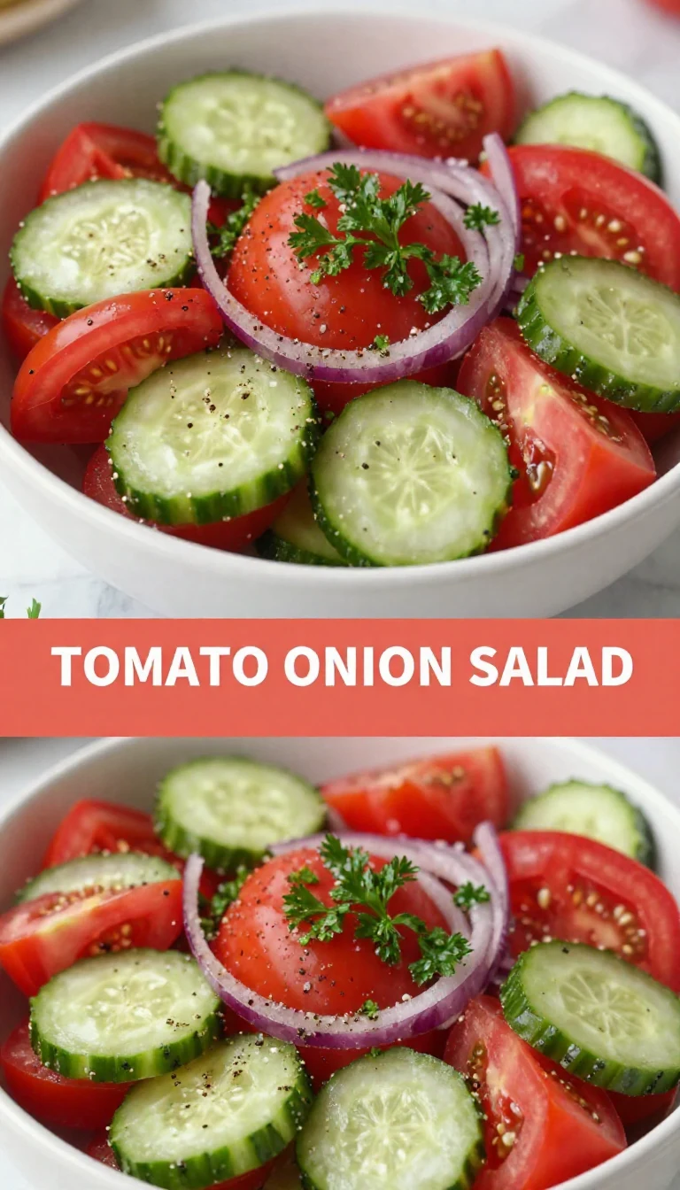 A vibrant tomato and onion salad in a bowl, garnished with fresh herbs