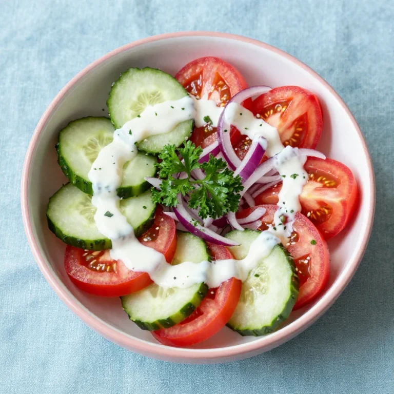 The Best Creamy Cucumber Tomato Salad A fresh and creamy cucumber tomato salad served in a white bowl
