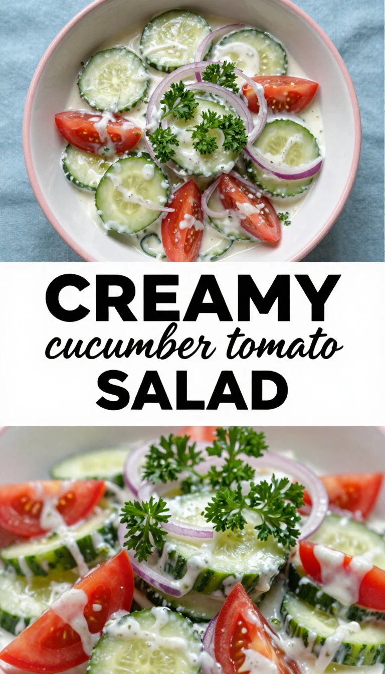 A fresh and creamy cucumber tomato salad served in a white bowl