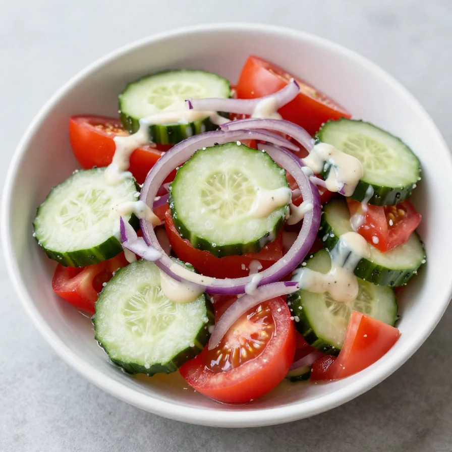 A vibrant creamy cucumber tomato salad served in a bowl with fresh herbs