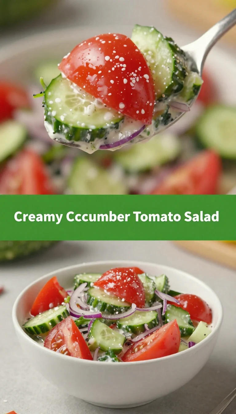 A vibrant creamy cucumber tomato salad served in a bowl with fresh herbs