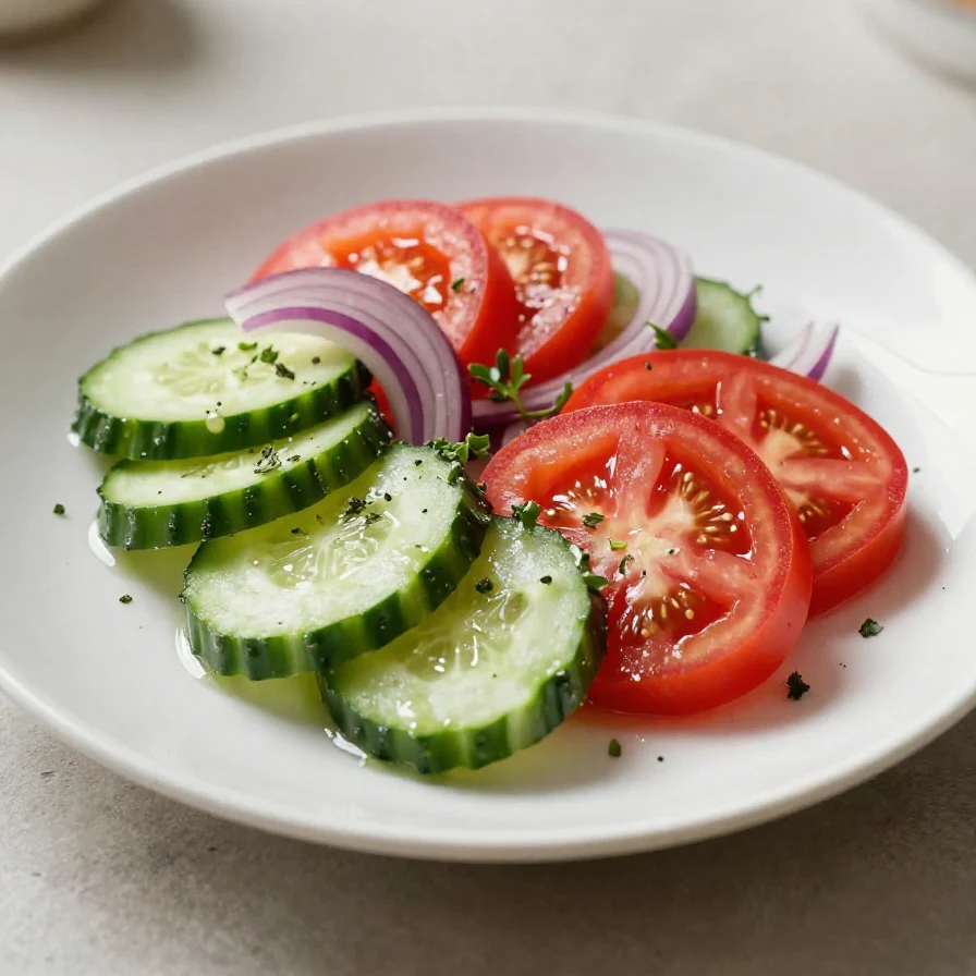 A vibrant cucumber, tomato, and onion salad drizzled with a sweet and tangy dressing