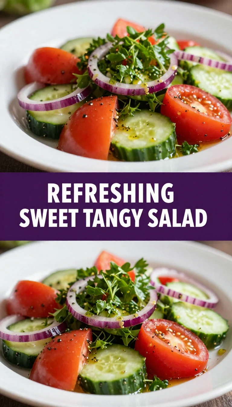 A vibrant cucumber, tomato, and onion salad drizzled with a sweet and tangy dressing