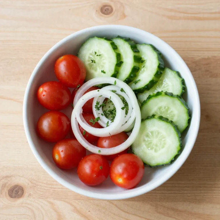 A vibrant classic cucumber salad topped with slices of cucumber, red onion, and drizzled with apple cider vinegar and honey dressing.