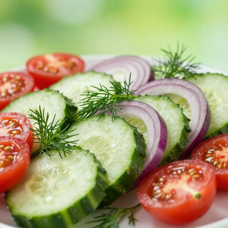 A vibrant bowl of Grandma B's cucumber salad with fresh cucumbers, tomatoes, and herbs