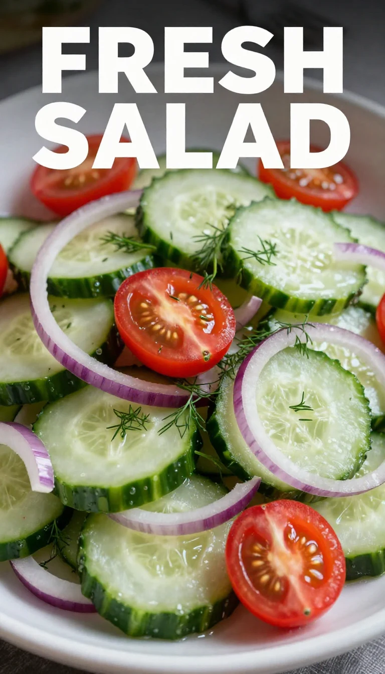 A vibrant bowl of Grandma B's cucumber salad with fresh cucumbers, tomatoes, and herbs