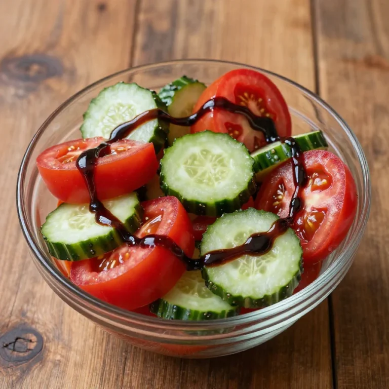 A vibrant tomato cucumber salad with fresh herbs and a light dressing in a bowl