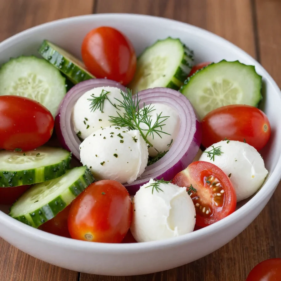 A fresh salad featuring tomatoes, cucumbers, and mozzarella cheese drizzled with olive oil