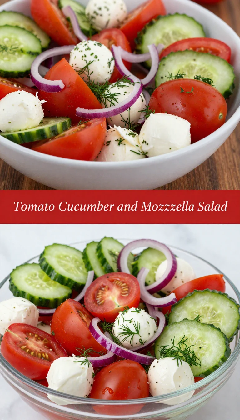 A fresh salad featuring tomatoes, cucumbers, and mozzarella cheese drizzled with olive oil