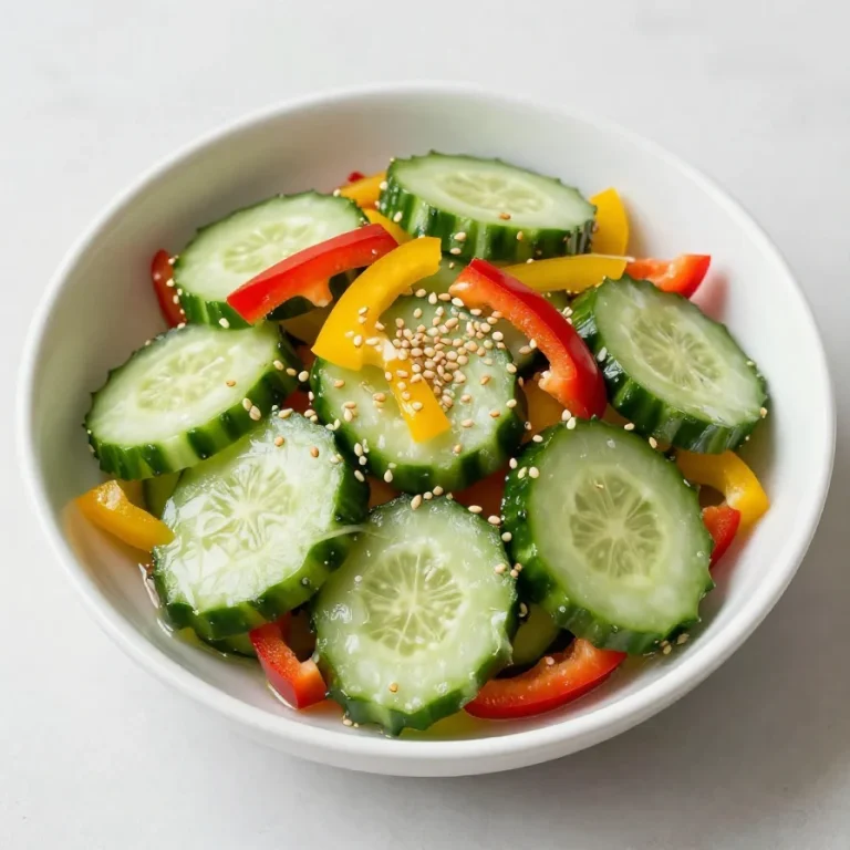 A colorful bowl of cucumber pepper salad topped with fresh herbs