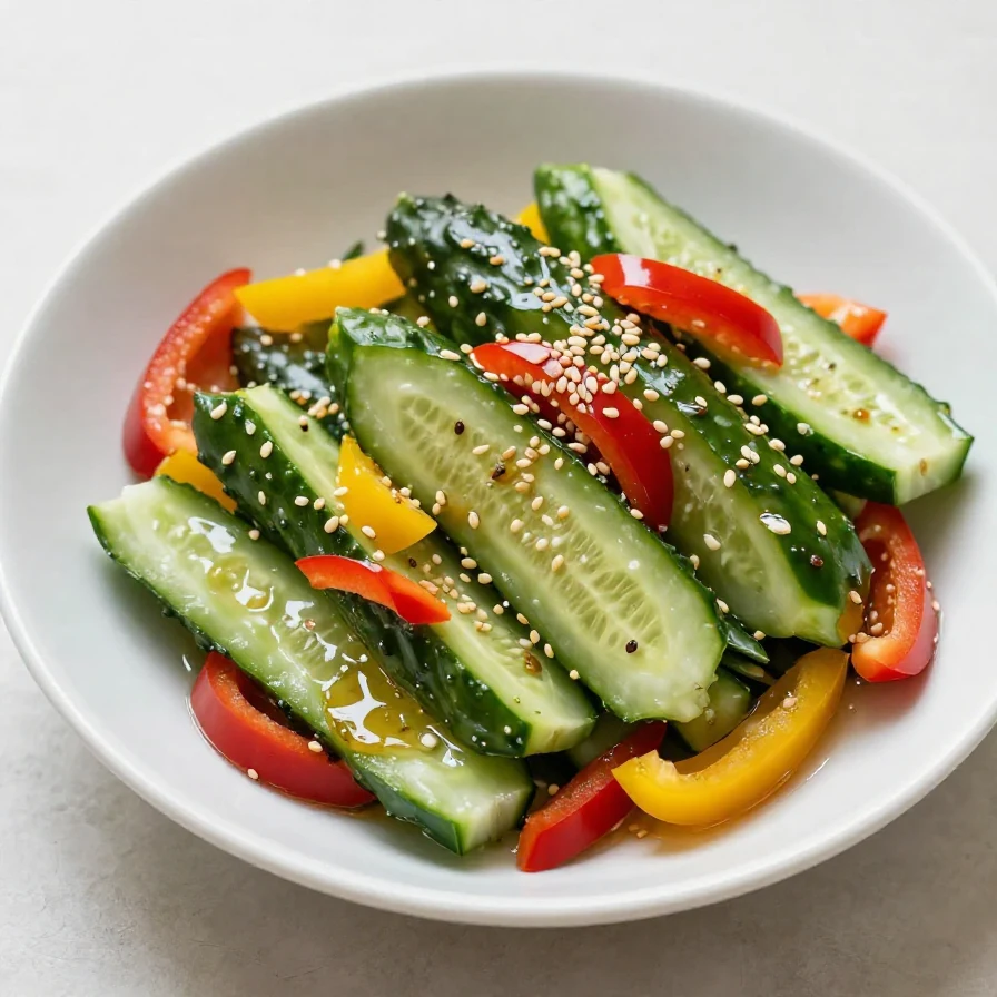 A colorful bowl of cucumber pepper salad topped with fresh herbs