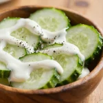 A bowl of creamy cucumber salad garnished with fresh herbs