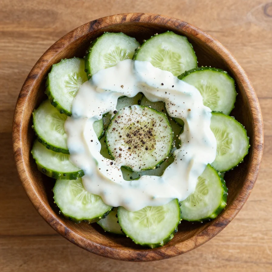 A bowl of creamy cucumber salad garnished with fresh herbs