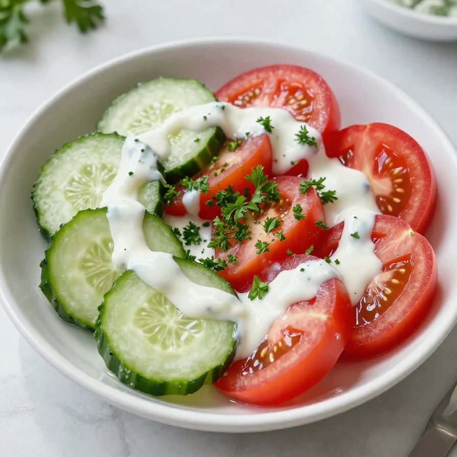 A vibrant creamy tomato cucumber salad in a bowl garnished with fresh herbs