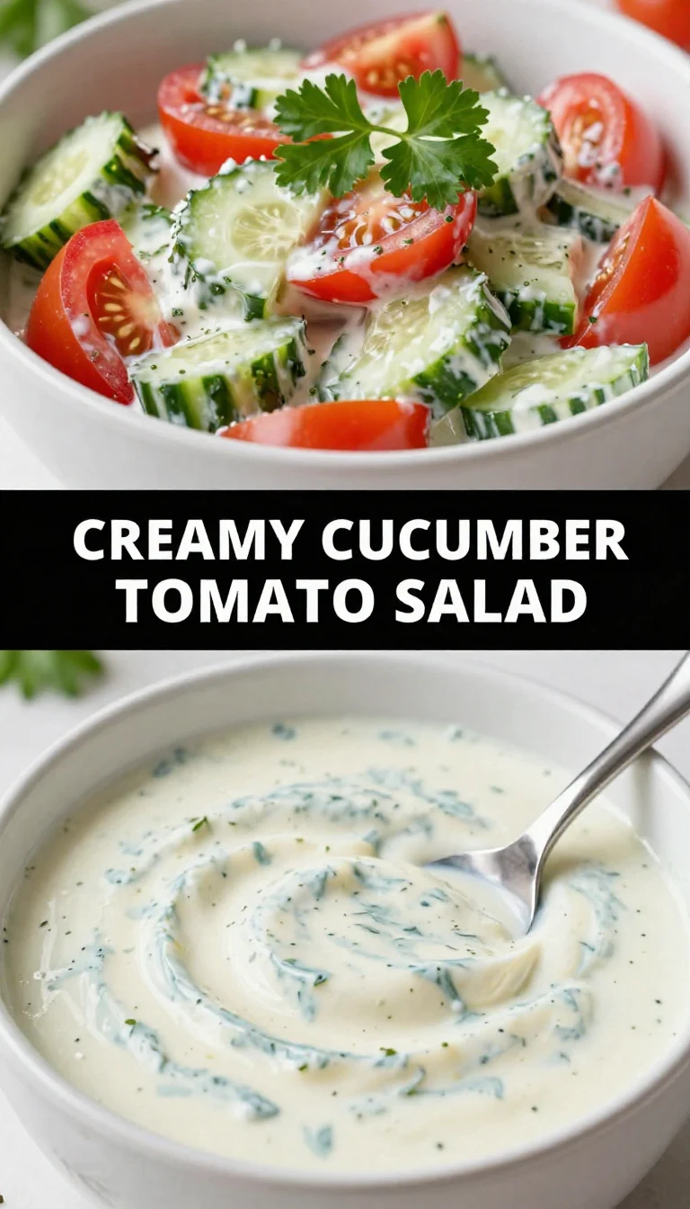 A vibrant creamy tomato cucumber salad in a bowl garnished with fresh herbs