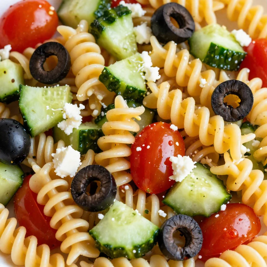 A colorful bowl of easy Italian pasta salad with cherry tomatoes, olives, and mozzarella balls