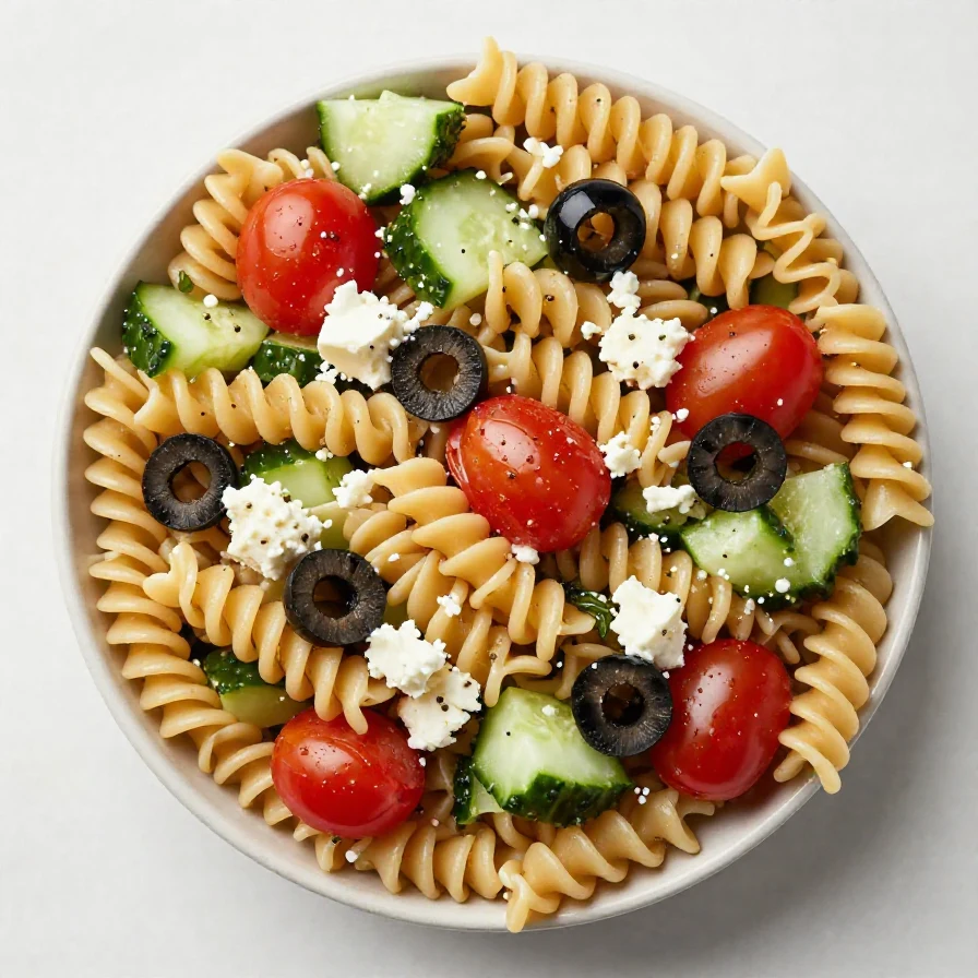 A colorful bowl of easy Italian pasta salad with cherry tomatoes, olives, and mozzarella balls