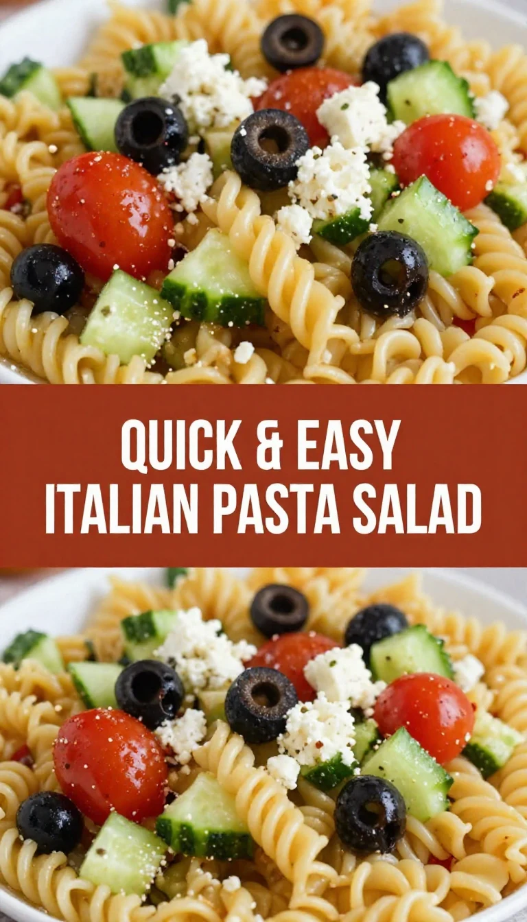 A colorful bowl of easy Italian pasta salad with cherry tomatoes, olives, and mozzarella balls