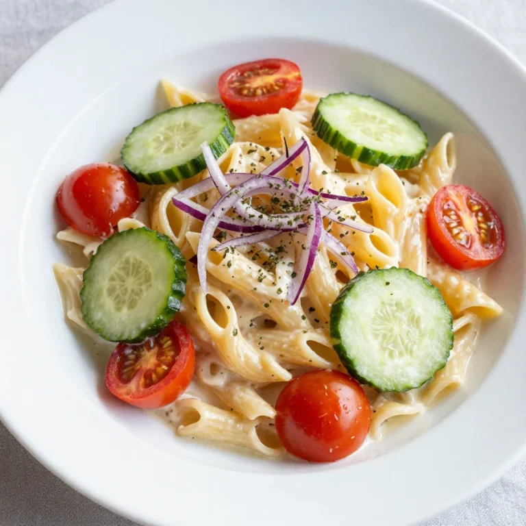 A vibrant bowl of creamy tomato cucumber pasta salad garnished with fresh herbs
