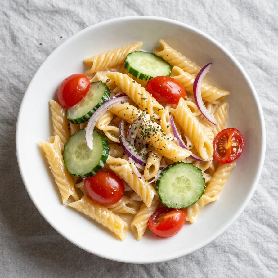 A vibrant bowl of creamy tomato cucumber pasta salad garnished with fresh herbs
