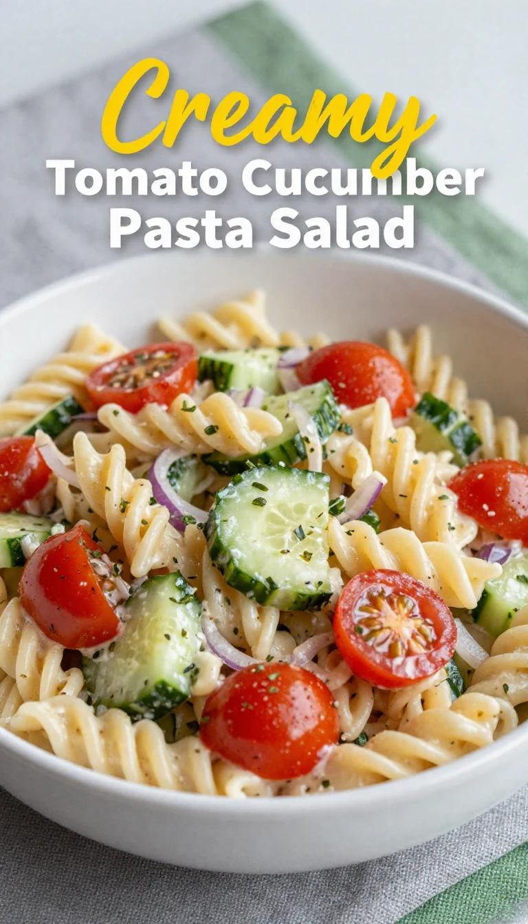 A vibrant bowl of creamy tomato cucumber pasta salad garnished with fresh herbs
