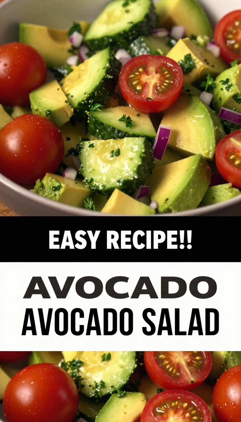 A vibrant cucumber tomato avocado salad in a bowl, garnished with fresh herbs