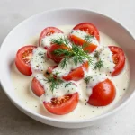 A vibrant tomato garlic salad with fresh herbs and a drizzle of olive oil