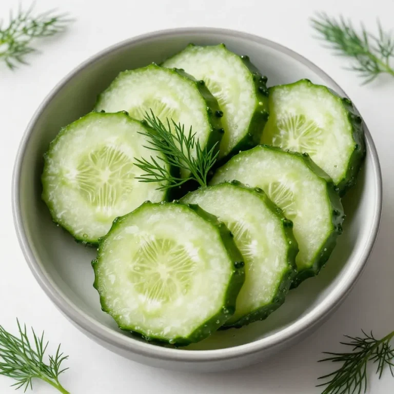 Cucumber Dill Salad A fresh cucumber dill salad served in a bowl with vibrant green herbs and slices of cucumber.