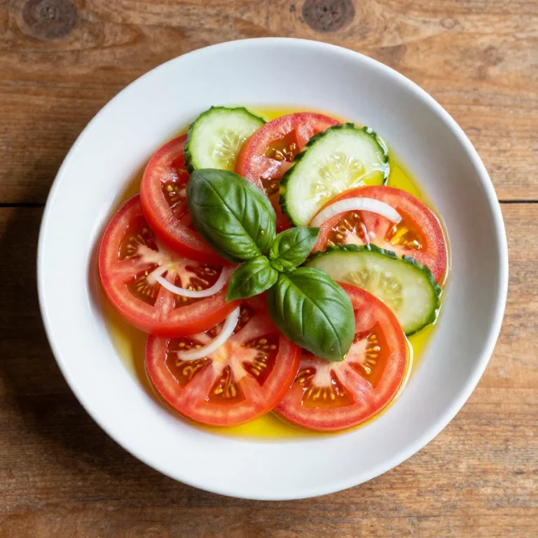 Tomato Cucumber and Basil Salad Fresh tomato cucumber and basil salad in a white bowl
