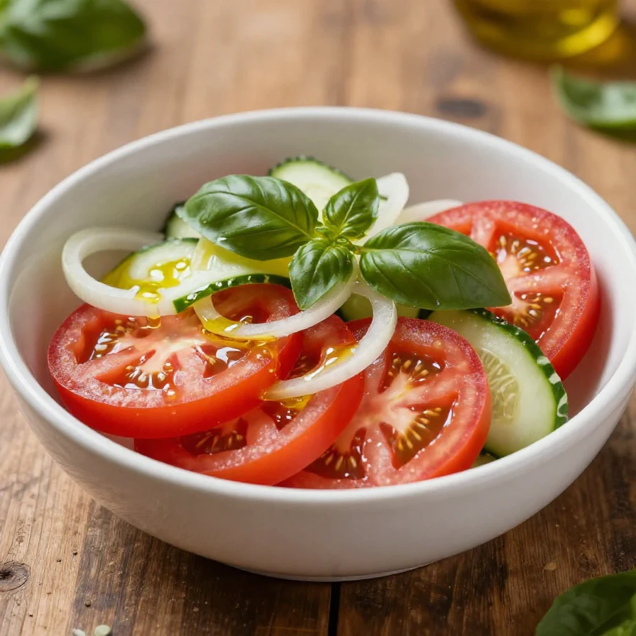 Fresh tomato cucumber and basil salad in a white bowl