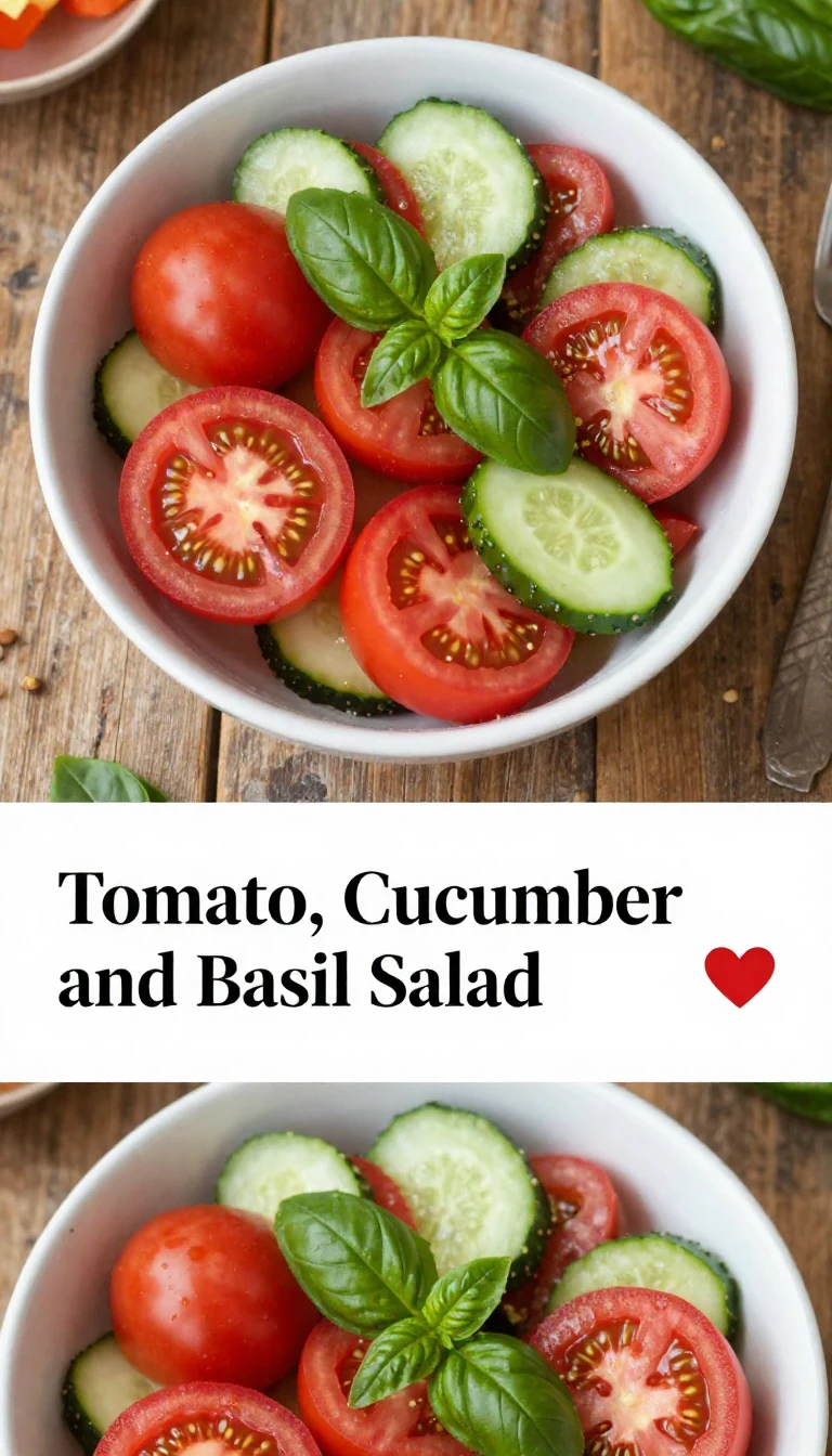 Fresh tomato cucumber and basil salad in a white bowl