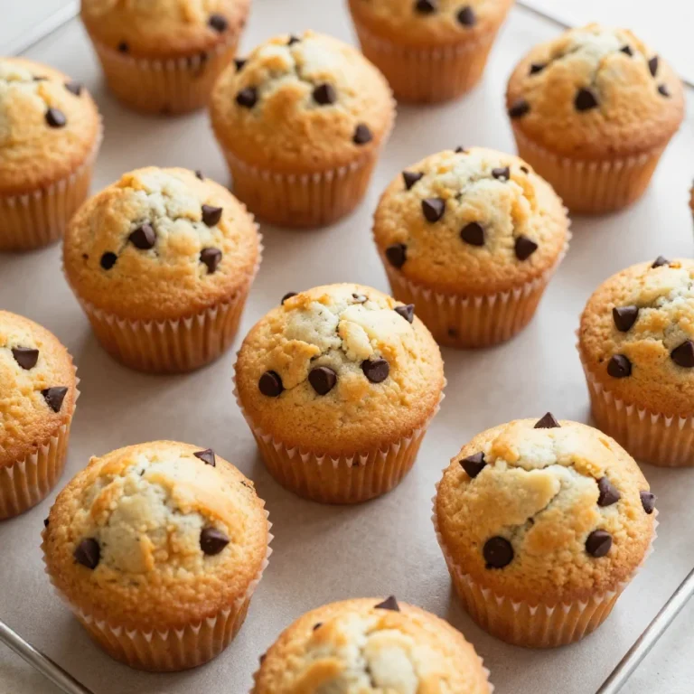 A batch of freshly baked mini chocolate chip muffins arranged on a cooling rack