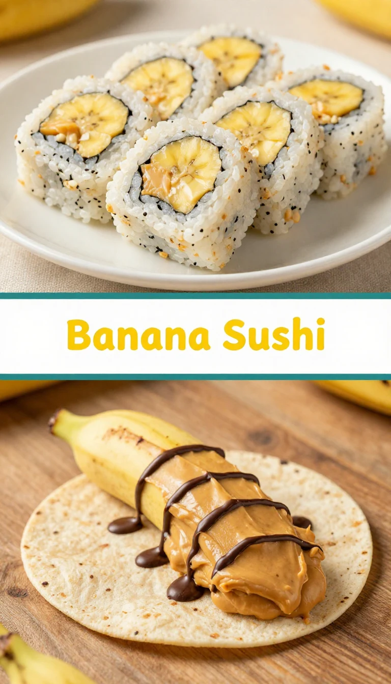 Colorful banana sushi rolls with peanut butter and sprinkles on a plate
