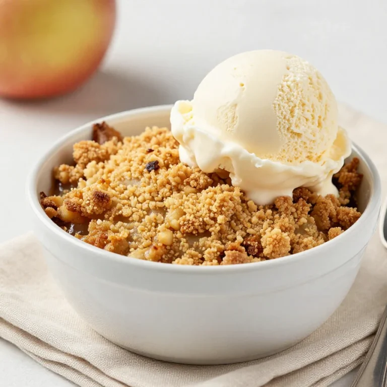 A delicious sugar free apple crisp topped with oats and nuts in a baking dish