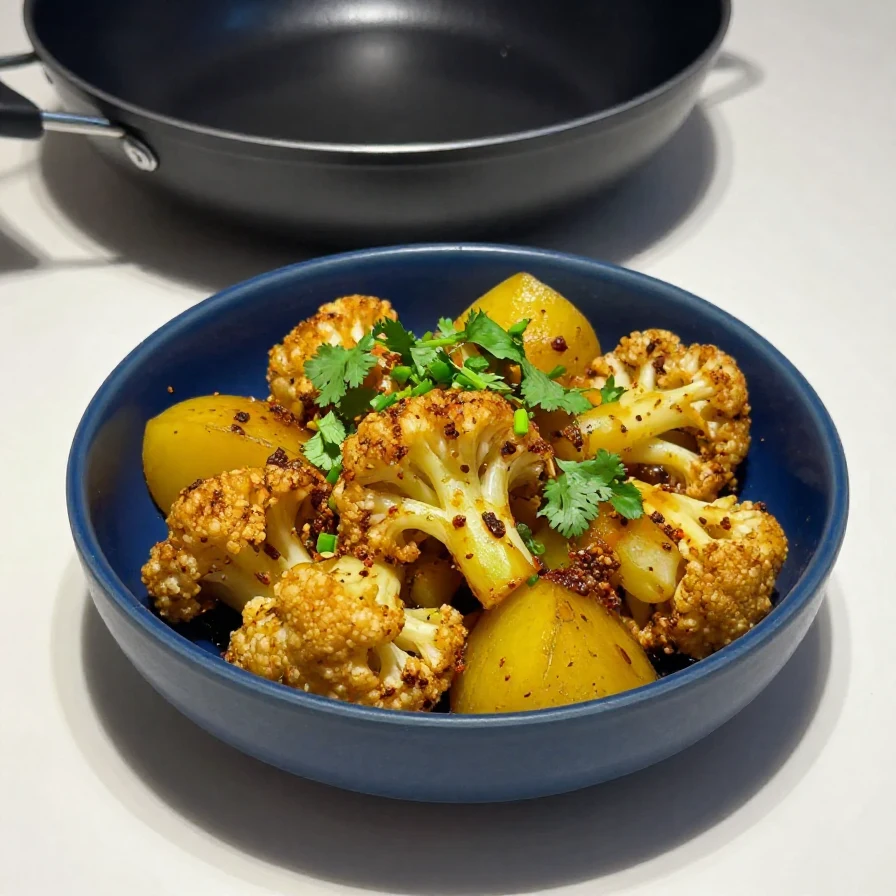 Aloo Gobi dish featuring potatoes and cauliflower garnished with fresh cilantro