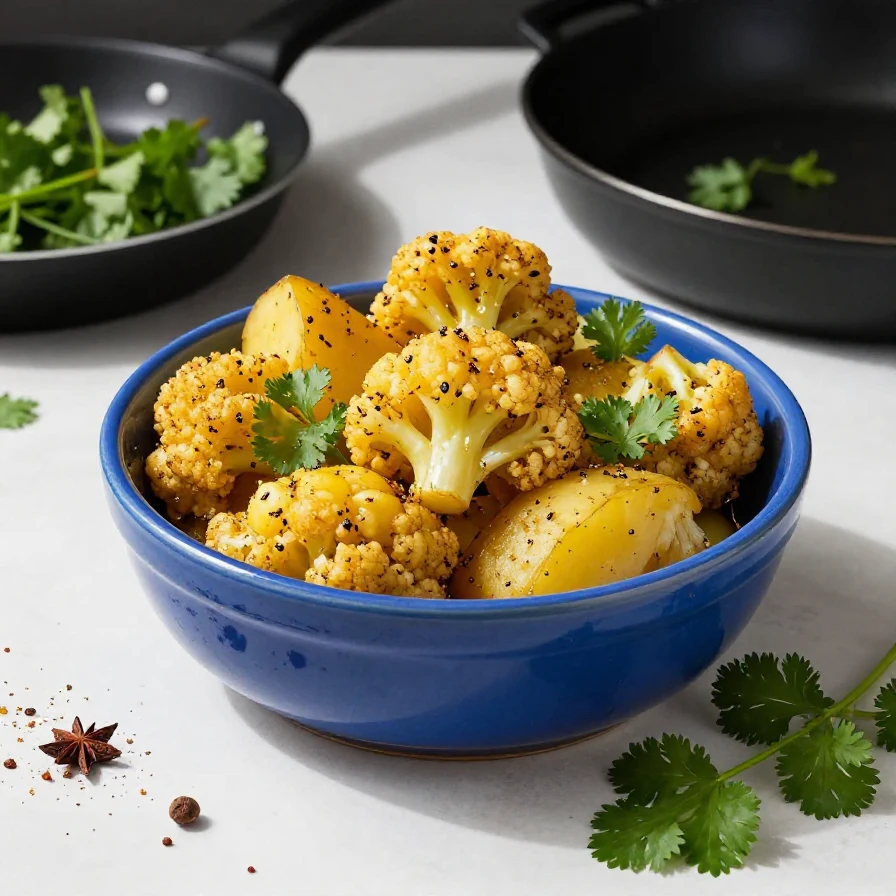 Aloo Gobi dish featuring potatoes and cauliflower garnished with fresh cilantro