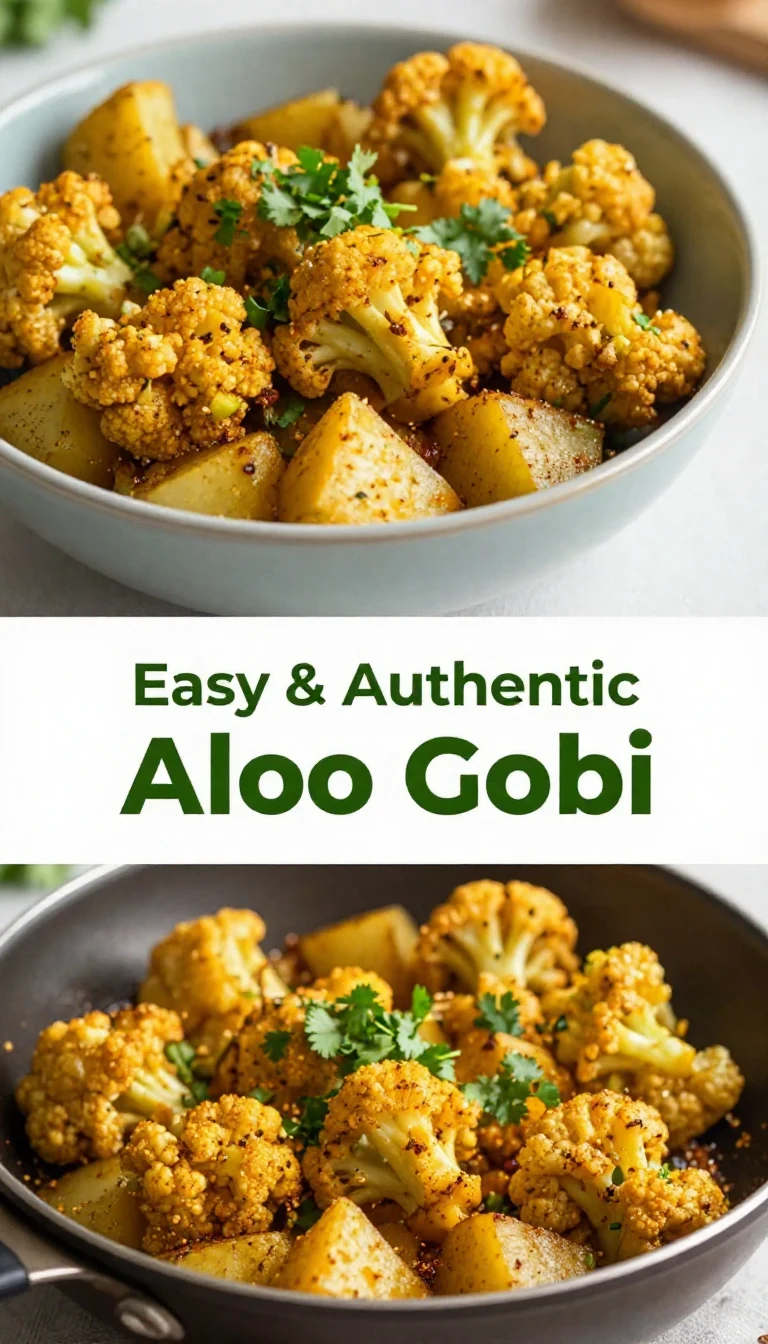 Aloo Gobi dish featuring potatoes and cauliflower garnished with fresh cilantro